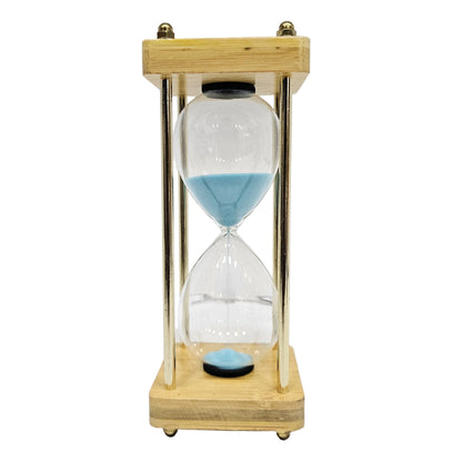 Decorative 10min hourglass featuring a light blue sand timer housed in a light wood and gold metal frame