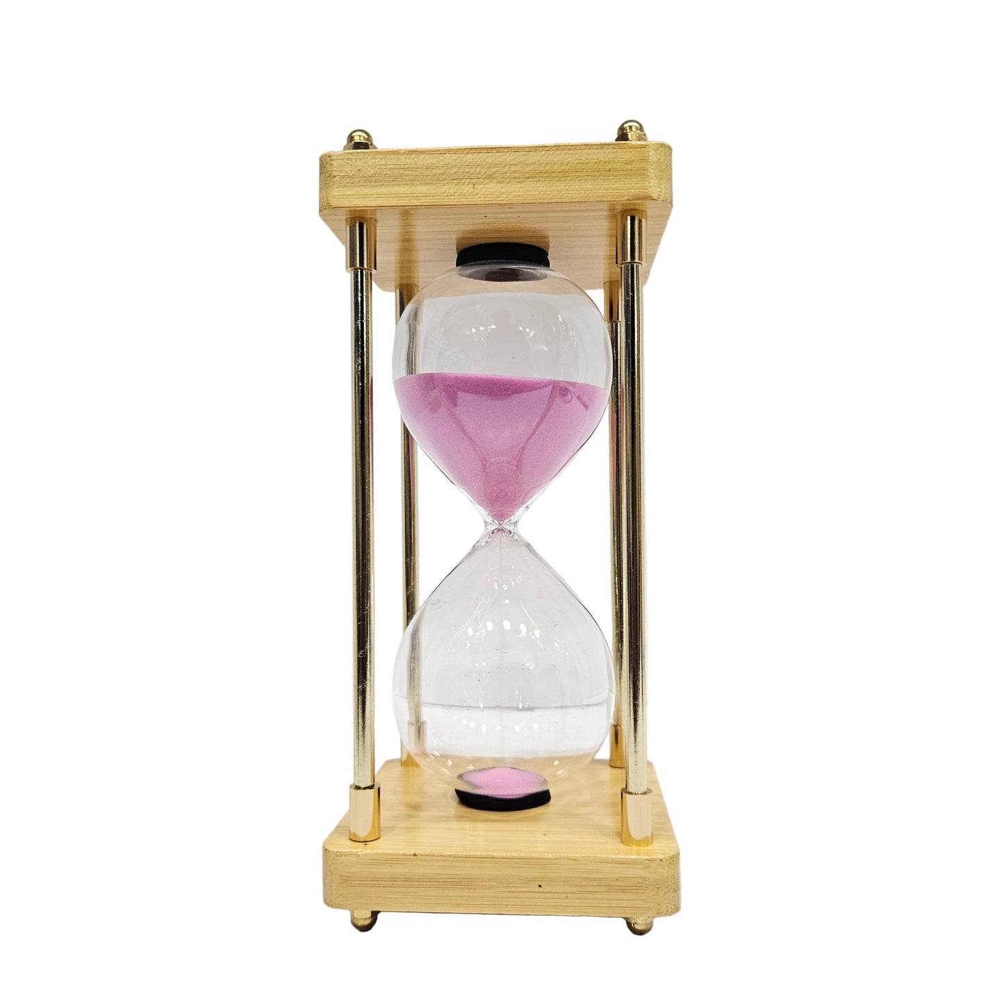 Decorative 30min hourglass featuring a baby pink sand timer housed in a light wood and gold metal frame