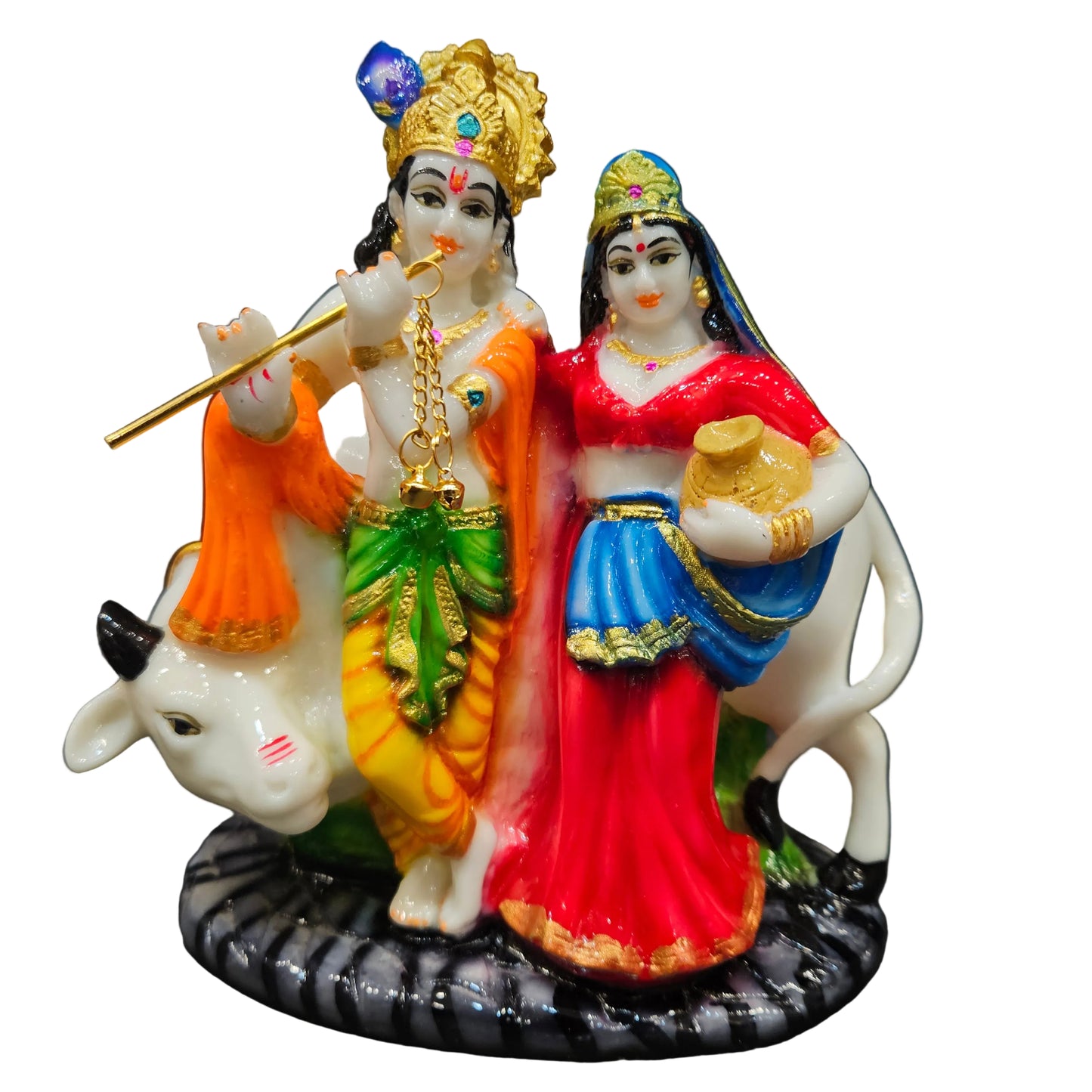 Marble Dust Polyresin Radha Krishna Idol with Cow Statue Showpiece Figurine