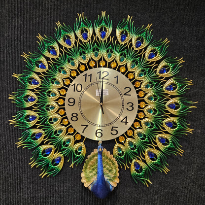 Peacock European Style Luxury Living Room Analog Clock Non-Ticking Silent Creative Personality Metal Large Crystal Quartz Art Wall Decorative Clock