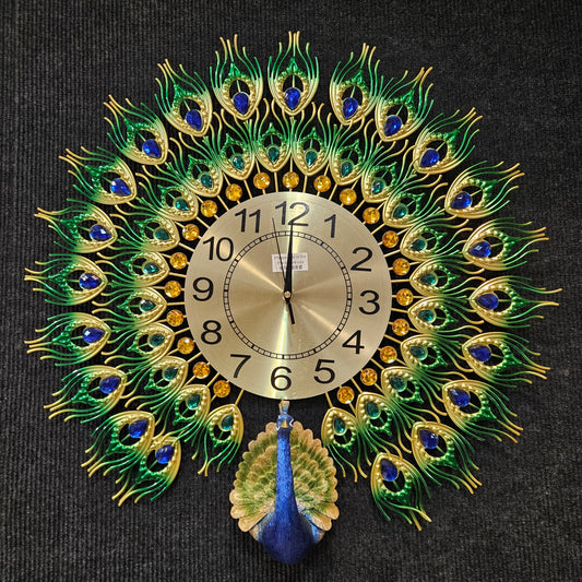 Peacock European Style Luxury Living Room Analog Clock Non-Ticking Silent Creative Personality Metal Large Crystal Quartz Art Wall Decorative Clock