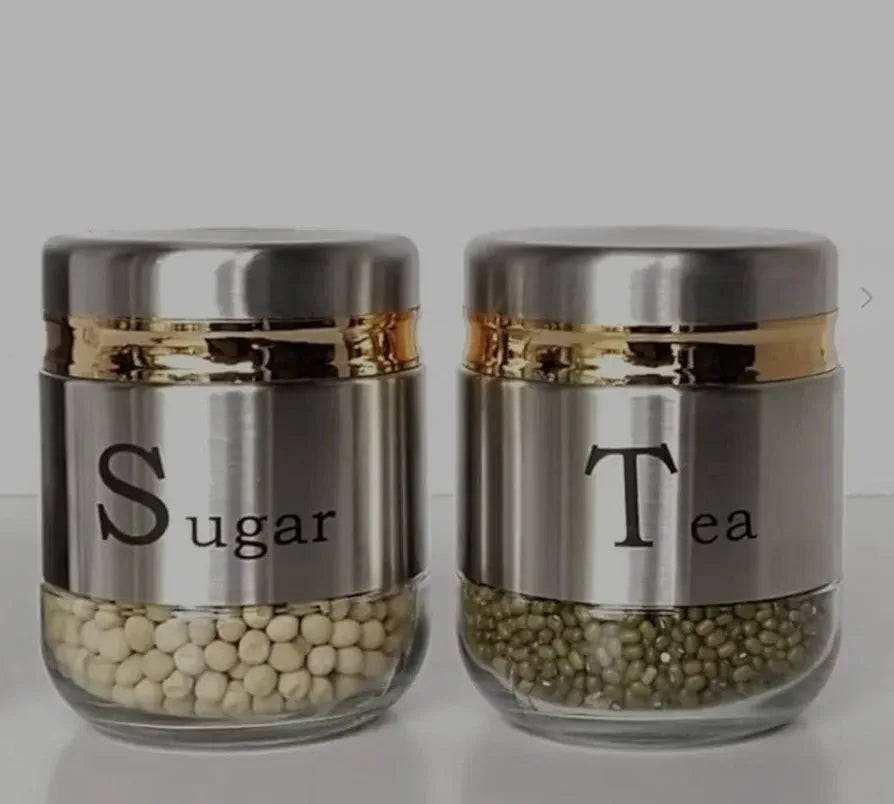 Glass Storage Jar Set of 2, Tea and Sugar Jars, 2 Piece Kitchen Jars set of 2 pieces