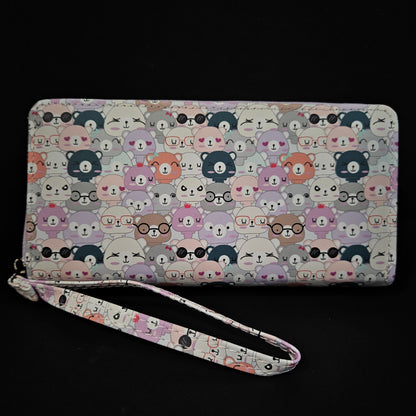 Leather Thin Slim Wallets for Women Cute Bear Stars Wallet for Women with Double Zipper