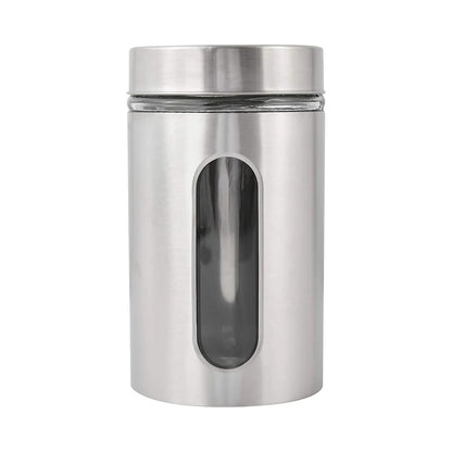 Stainless Steel Canister with Glass Window - Kitchen Counter Storage, Food Container for Sugar, Flour, Coffee or Tea, Silver Color 1 Jar (800ML)