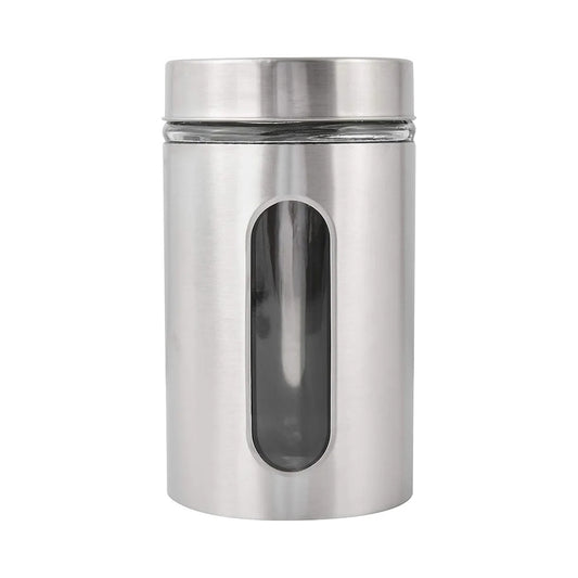 Stainless Steel Canister with Glass Window - Kitchen Counter Storage, Food Container for Sugar, Flour, Coffee or Tea, Silver Color 1 Jar (800ML)