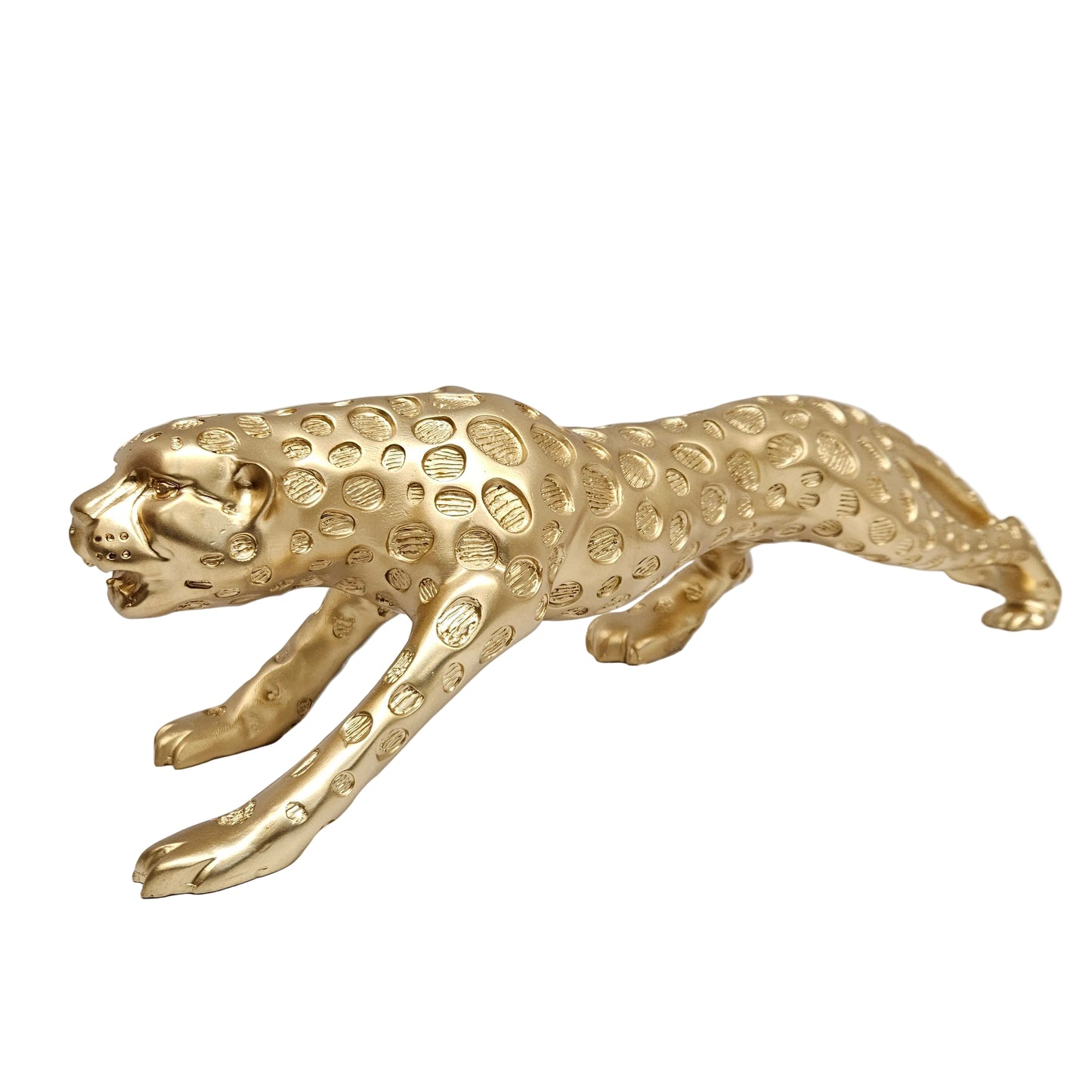 Metallic decorative sculpture appears to be a prowling leopard,"Golden Panther Figurine"