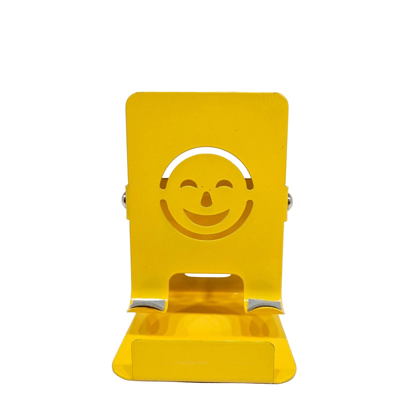 Metal adjustable desktop mobile phone holder stand featuring a laser-cut smiley face design