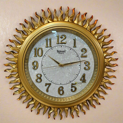 Decorative wall clock with sunburst design on a black background