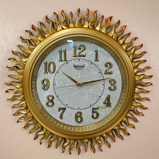 Decorative wall clock with sunburst design on a black background