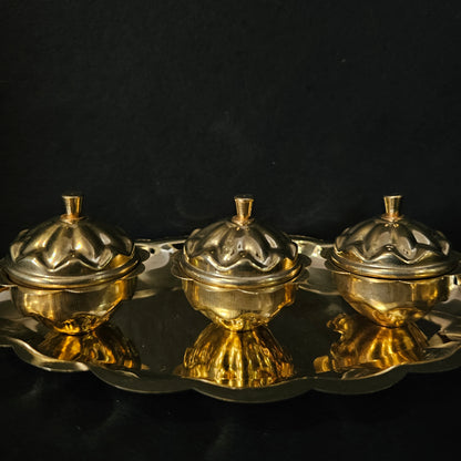Pure Brass Chandan Roli/Tika Chopda Set/Chawal Akshat Haldi Dibbi/Kumkum Holder Box with Lid Brass Brass