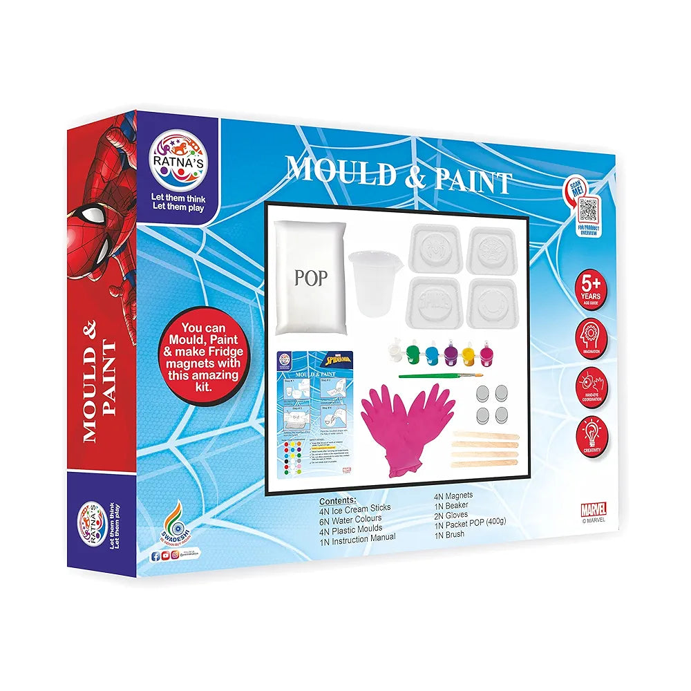 Ratna's Marvel themed Mould & Paint Spiderman DIY Art & Craft KIT with 4 Moulds Can be Used as Fridge Magnets & Badges for Kids
