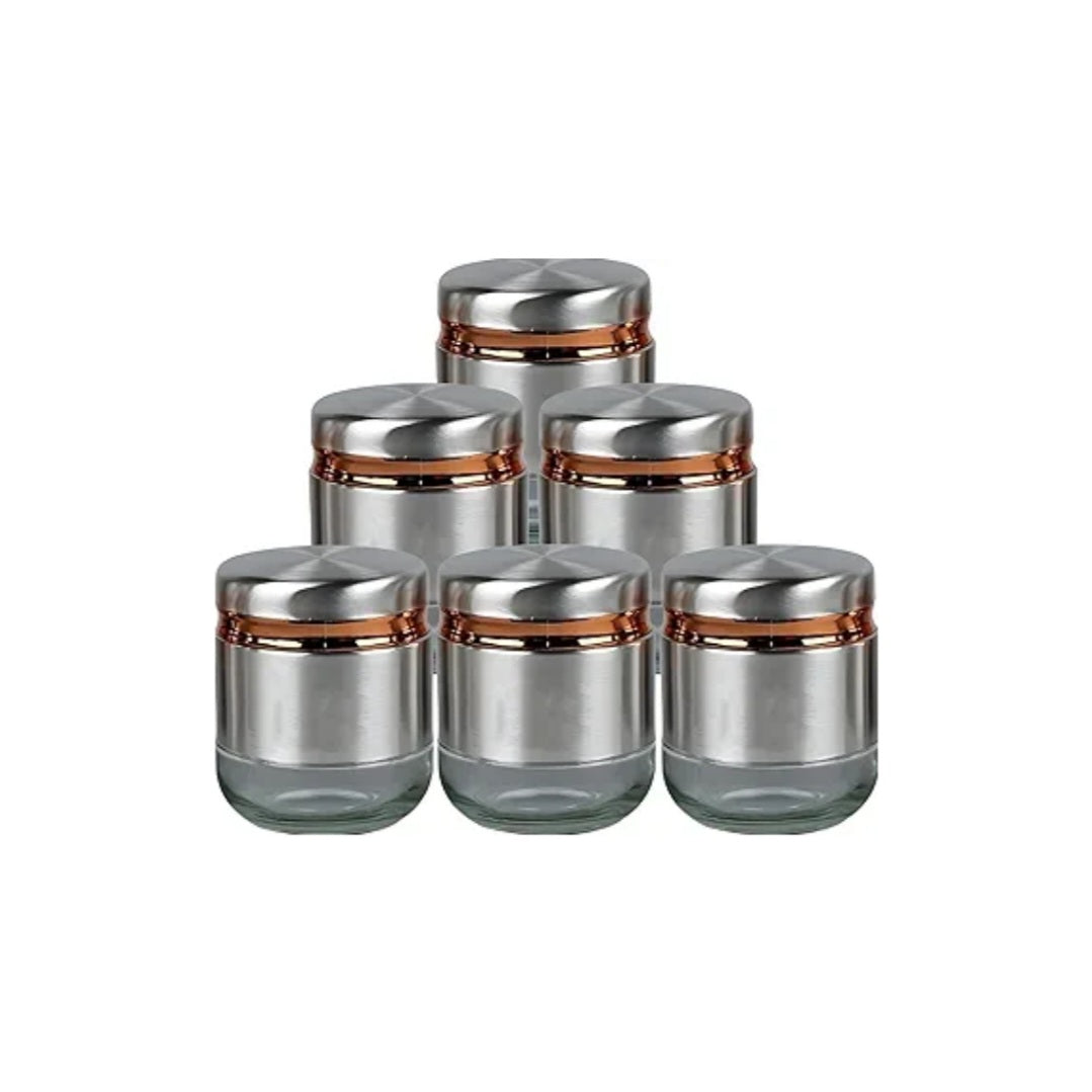 Steel Cover Window Clear Glass Jars for Kitchen Storage Food Spices Canister with Airtight Lid Container Organizer, Tea Coffee & Sugar Silver - 350ML, Set of 6 With Steel Stand