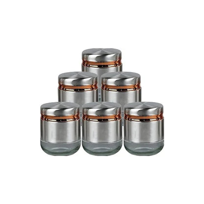 Steel Cover Window Clear Glass Jars for Kitchen Storage Food Spices Canister with Airtight Lid Container Organizer, Tea Coffee & Sugar Silver - 350ML, Set of 6 With Steel Stand