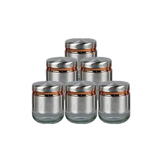 Steel Cover Window Clear Glass Jars for Kitchen Storage Food Spices Canister with Airtight Lid Container Organizer, Tea Coffee & Sugar Silver - 350ML, Set of 6 With Steel Stand