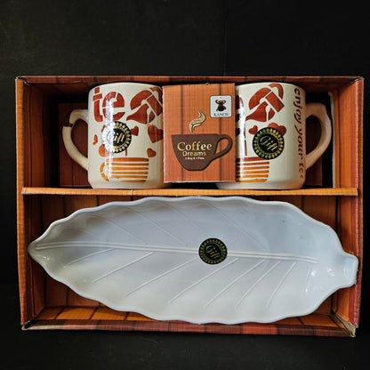 Kanch Coffee Dreams ceramic 2 pieces & 1 leafy designed platter