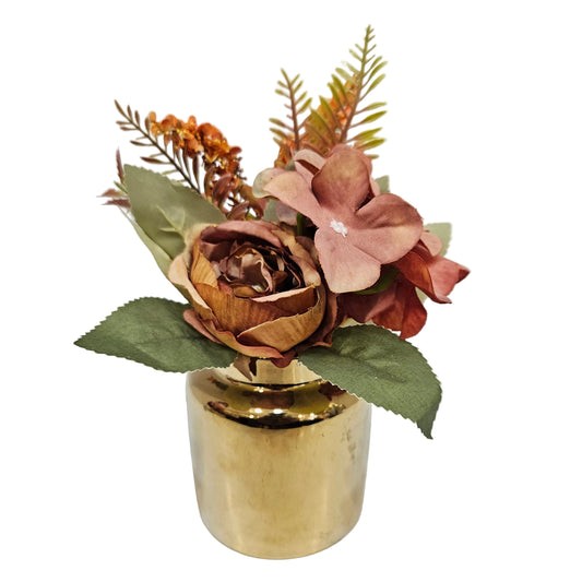 These are vintage-style coffee-colored artificial silk peony flowers arranged in a gold vase
