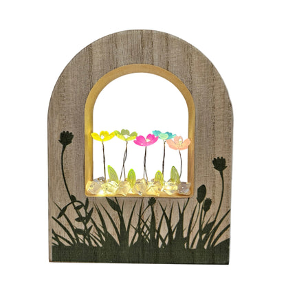 wooden arch lamp resembles a DIY tulip night light kit, featuring colorful plastic flowers and decorative crystals Showpiece