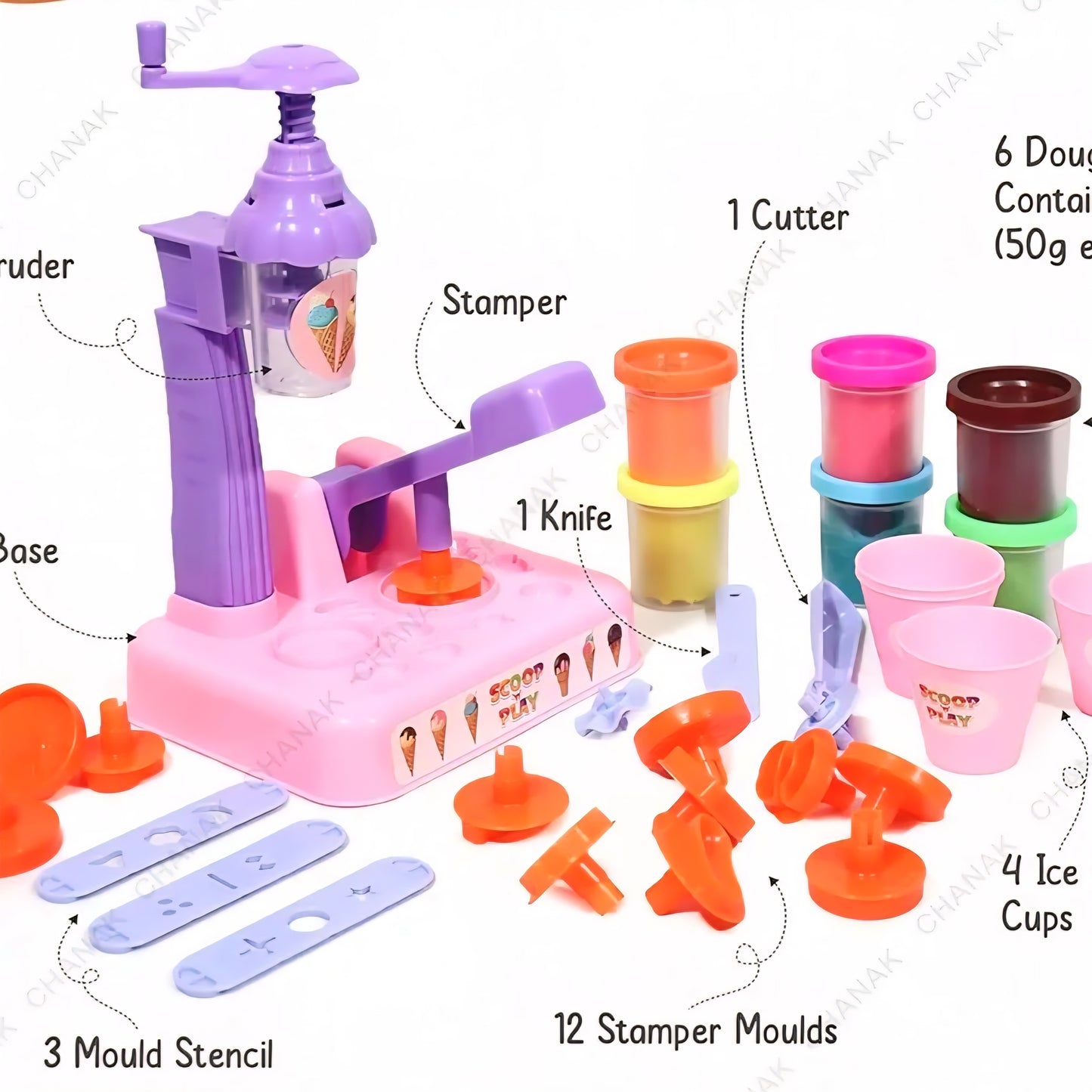 Scoop 'n' Play Clay Dough Ice Cream Maker Set for Kids, Safe Non-Toxic Dough Ice Cream Maker Including 6 Color Clay Dough Tubes Each 50g for Boys & Girls, Above 3+ Age -Multicolour