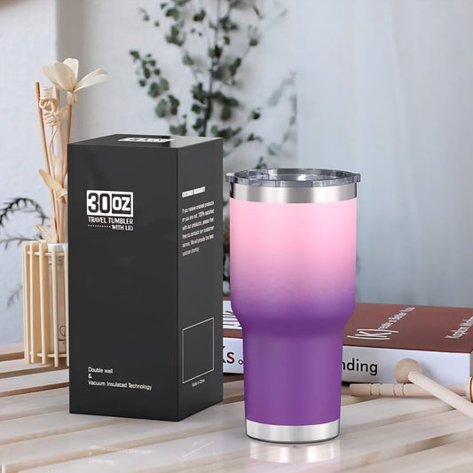 30oz Stainless Steel Tumbler, Vacuum Insulated Coffee Tumblers Cups, Durable Wall Travel Mug Tumbler with Splash Proof Sliding Lid and Straws, for Ice and Hot Drink, Deep Purple+Pink
