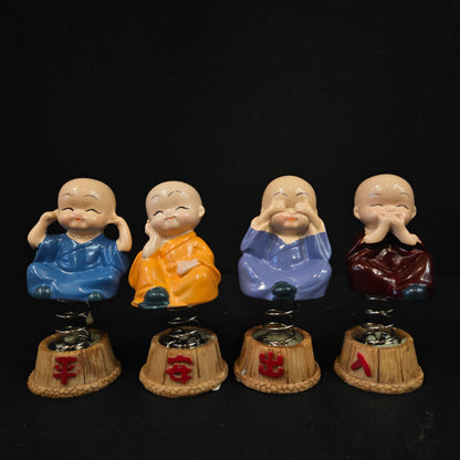 Monk 4 Pcs Little Cute Statue for Car, Monk Spring Set for Car Dashboard or Interior Decoration, Shaking Head Chinese Kunfu Monks Figurine