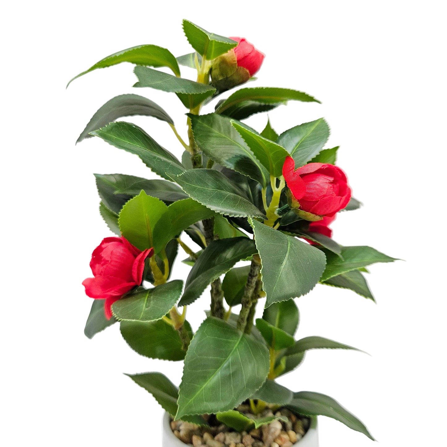 Artificial Camellia Tree, Faux Camellia Plant in Pot with 24 Flowers, Natural Trunk, Rain Flower Pebbles, Greenery Decorative Camellia Tree for Home, Shop & Office, Red