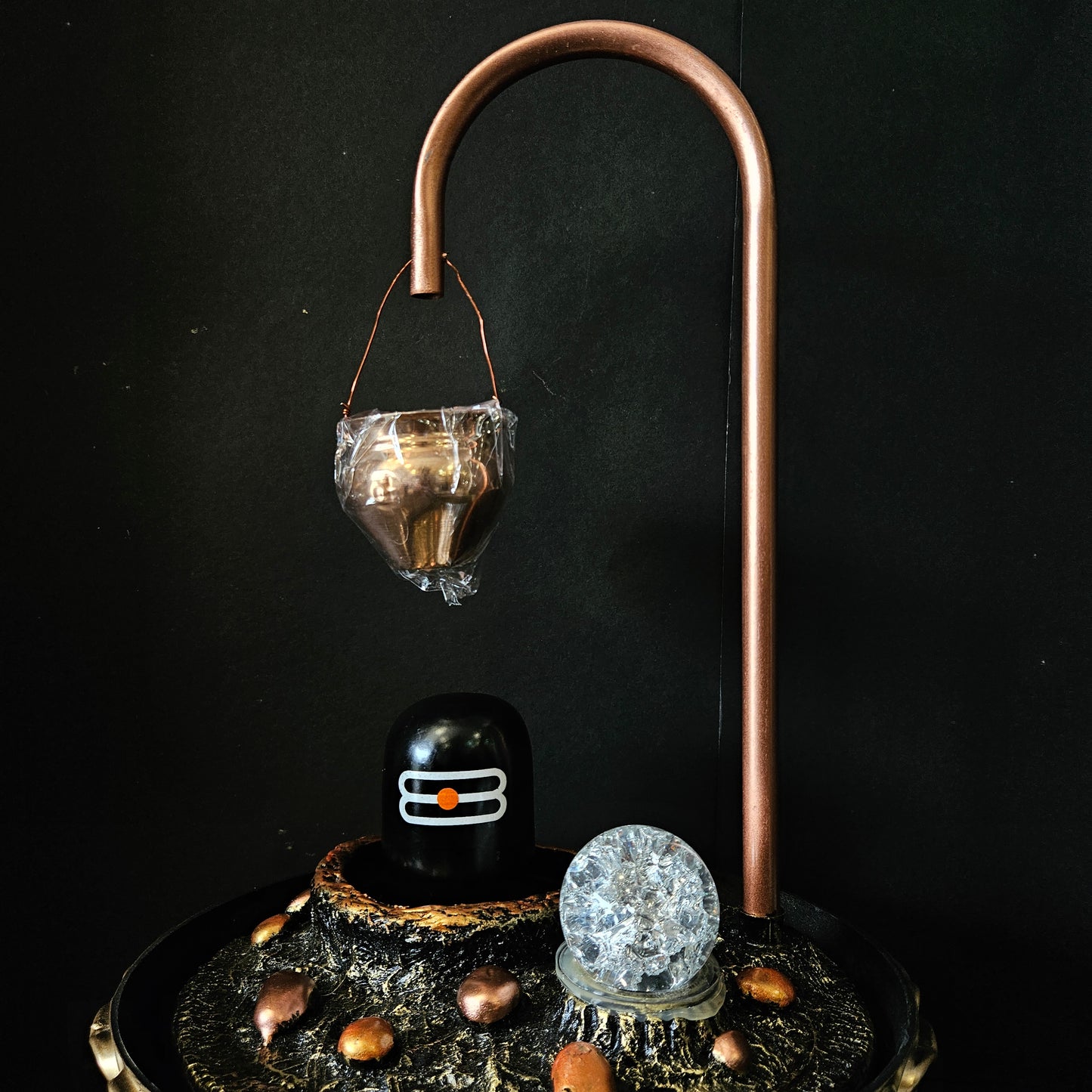 Shiva Shivling Adiyogi Fountain Lamp with Curved Stand, Decorative Water Bowl, Blue Light Effect, Bronze-Gold Base