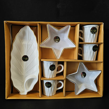 Kanch sweet sky 4 pieces Ceramic cups set 2 star Shaped snack bowls & 1 leaf Shaped snack platter with Sauce dip