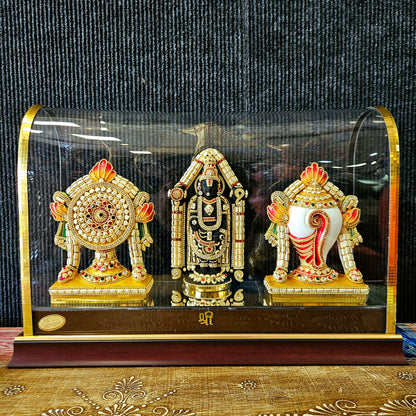Lord Balaji with shank Chakra Decorated with attractive stones in transparent protective cabin