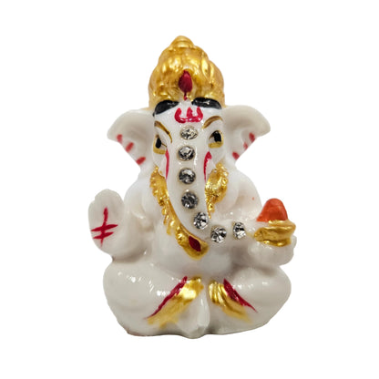 Shree Ganesh Ji Idol for Car Dashboard, White with Golden Mukut, Premium Fibre, Double Sided Tape, Ideal for Home Décor, Mandir, Office Desk & House Warming Gift