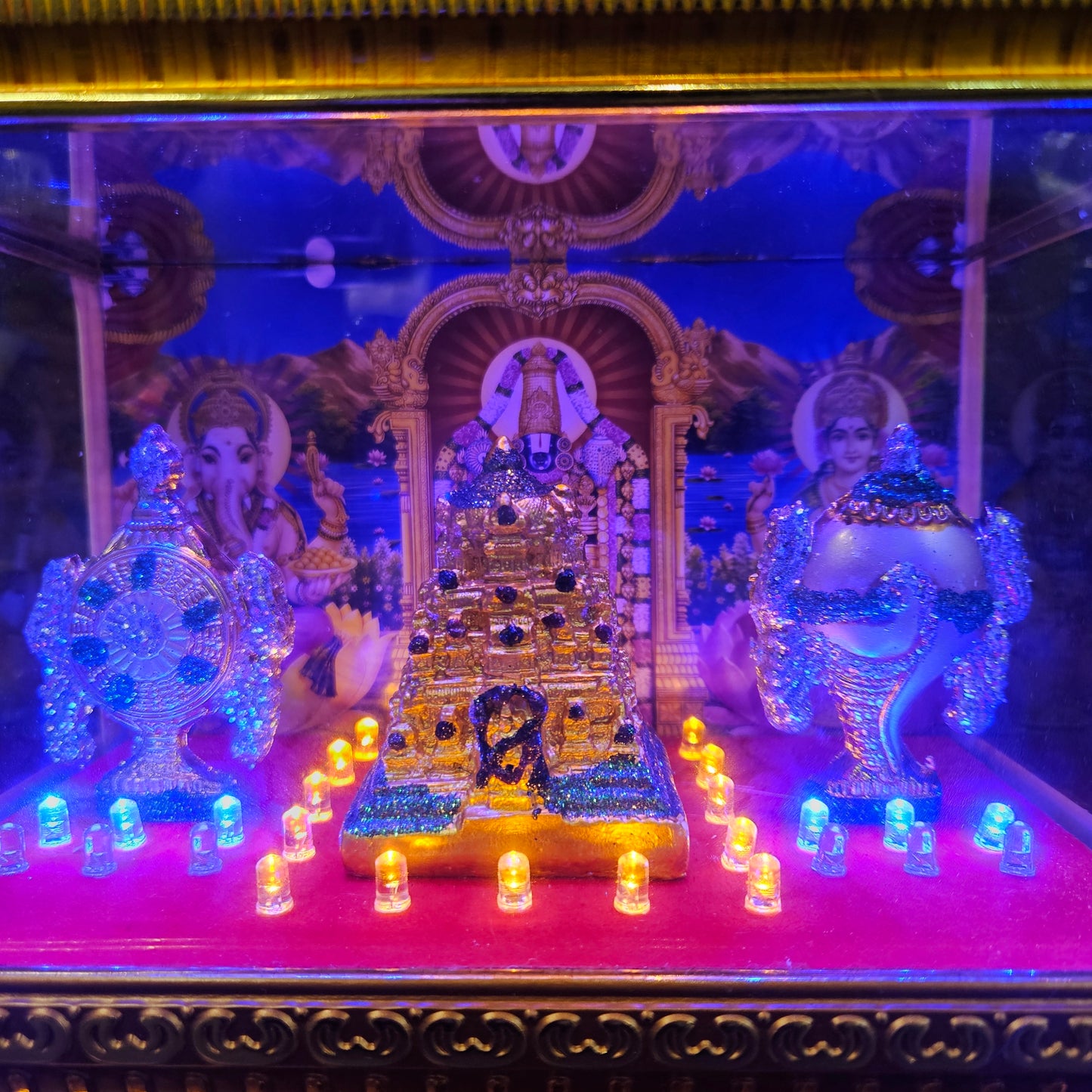 Tirupati Gopuram,shank&Chakra decorated with attractive stones,slokam & multi colour lighting Cabin idol perfect for Marriage gifting,house warming