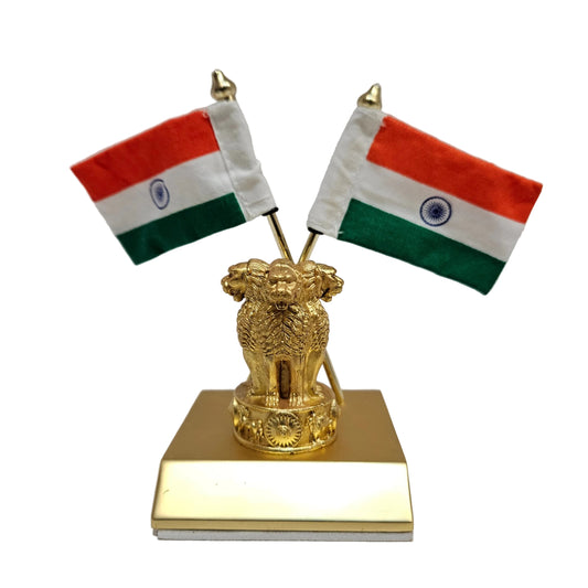 Premium Dual Side Fabic Tricolor Indian Flag Hindustani Tiranga with Wooden Base and Ashoka Emblem for Car Dashboard | Office Table | Home Decor