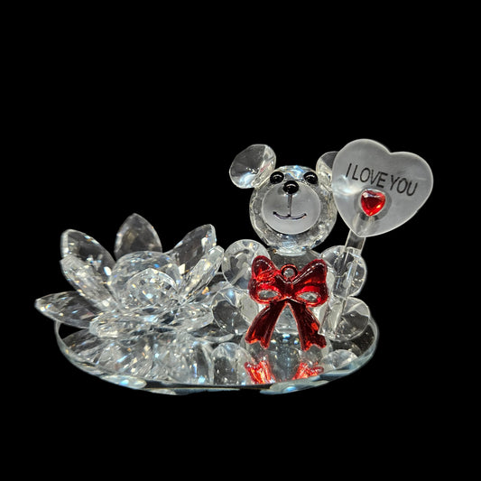 Valentine Special Clear Crystal Teddy Holding Red Rose Showpiece Gift for Birthday, Anniversary, Girlfriend and Boyfriend