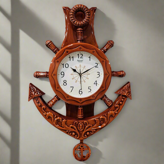 Decorative wall clock with ship's wheel design on a black background