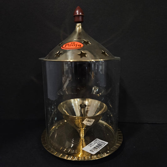 Akhand Diya/Oil Lamp with Glass Cover for Puja, Home Décor and Diwali, Brass Borosilicate Glass | Puja Dia for Mandir