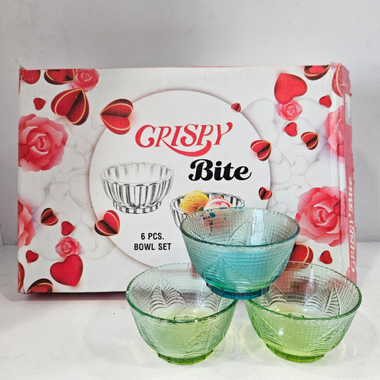 Crispy bite 6 piece designer glass bowl set with multi colour serving Bowls
