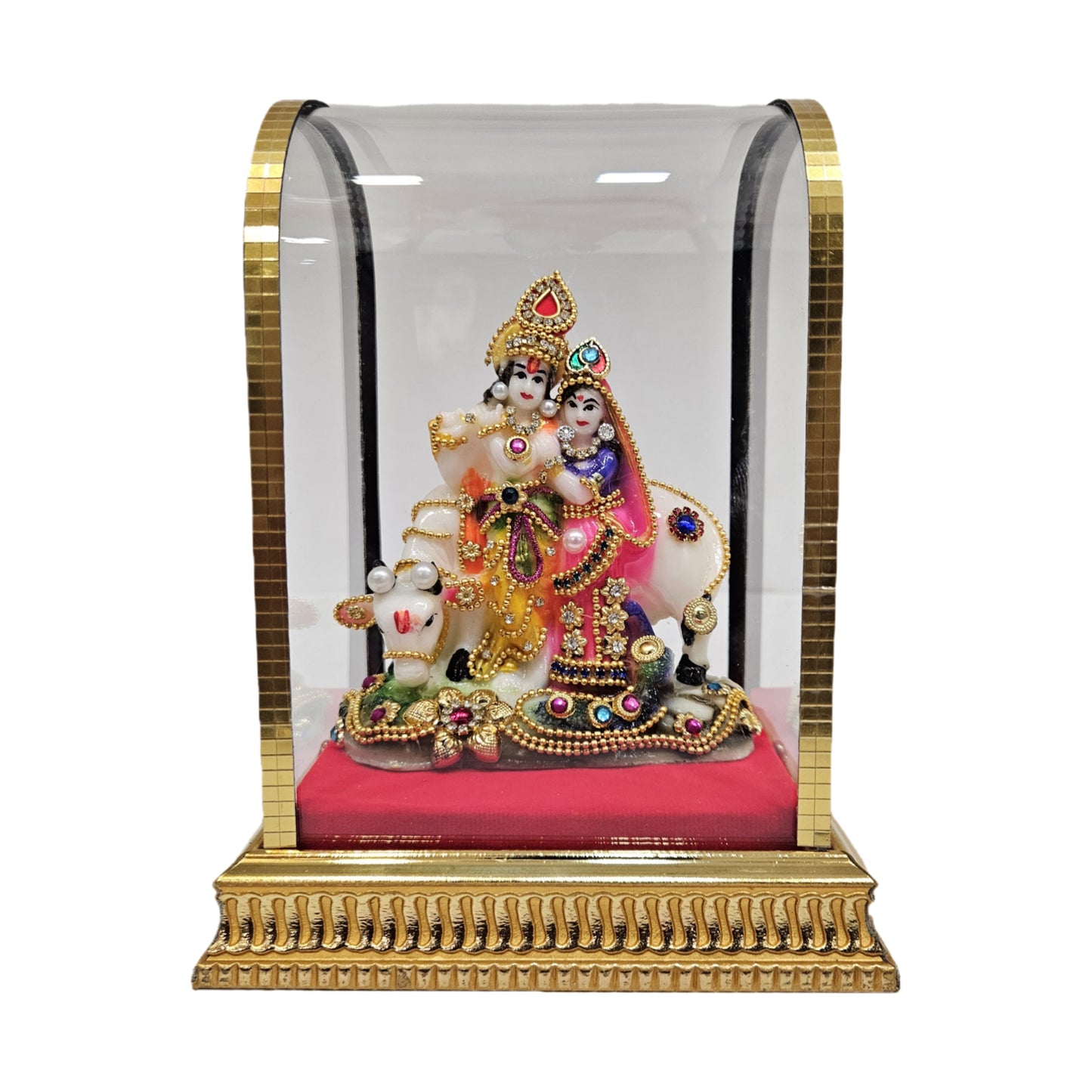 Radha Krishna Premium Decor Idol in Glass Dome | Gold Plated Handcrafted Murti for Home & Pooja room
