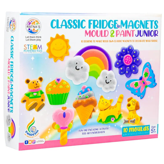 RATNA'S Classic Fridge Magnets Mould & Paint Junior DIY Kit - Create 10 Adorable Plaster Fridge Magnets & Badges - Fun Craft Activity for Kids & Adults, 10 Piece