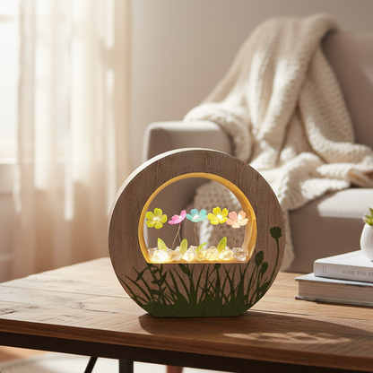 A decorative oval wooden plaque or tray with a raised arched center, painted with green grass-like patterns along the bottom. Inside the arch is a small floral arrangement with five colorful paper flowers in yellow, pink, blue, green, and peach, set in a shallow dish with tiny clear stones and warm glowing lights underneath.