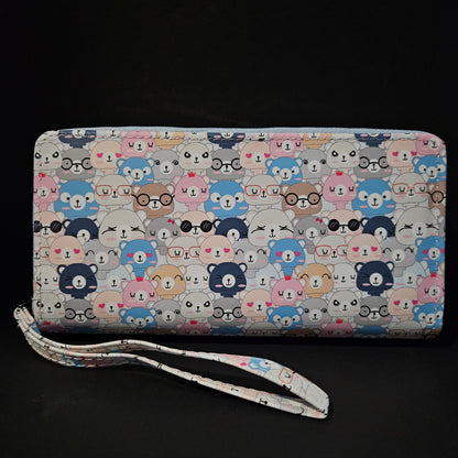 Leather Thin Slim Wallets for Women Cute Bear Stars Wallet for Women with Double Zipper