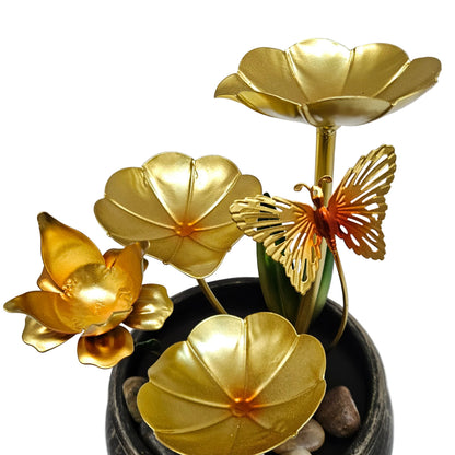 Tabletop Fountain with floral design &butterfly gold-finished metal design with a waterfall and decorative rocks