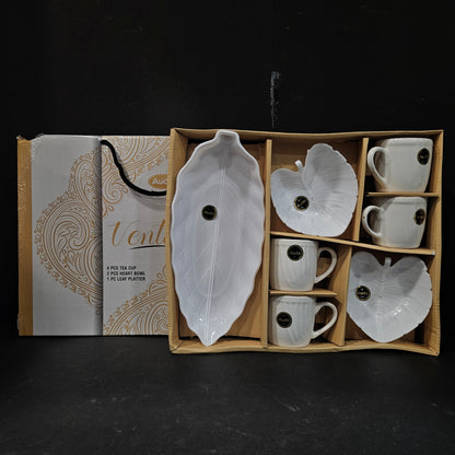 Audii Vento 4pcs Ceramic tea cups,2pcs Heart Bowls & 1 Leaf Platter perfect for Return gifting