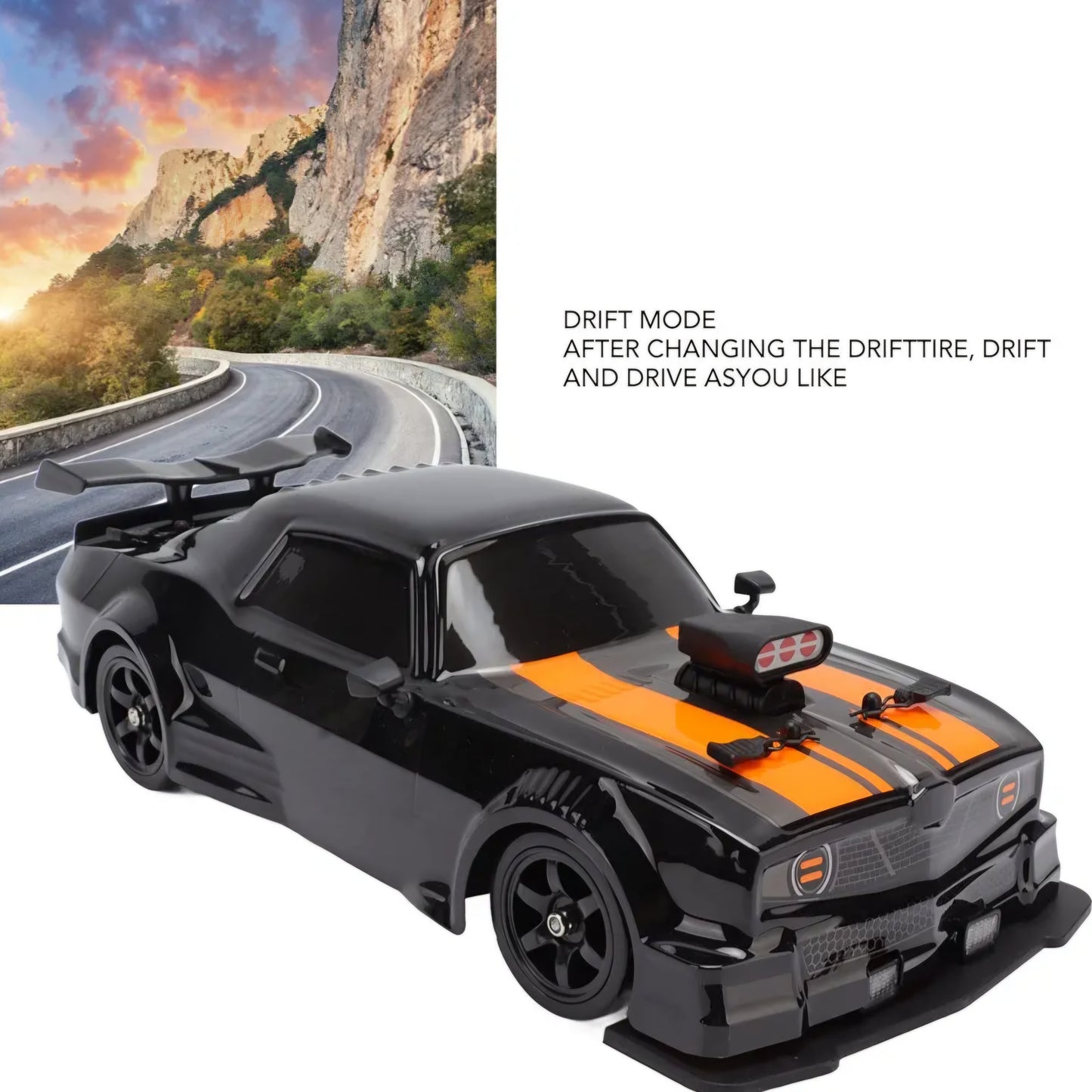 RC Drift Car, RC Racing Car Shatterproof 2.4GHz 1/16 Black 500mAh Battery with Plastic Bottle for smoke