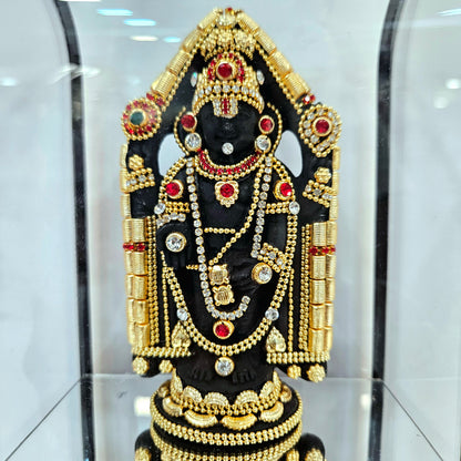 24 carats gold Plated Balaji Idol Statue Decorated with attractive stones designed in a transparent protective cabin