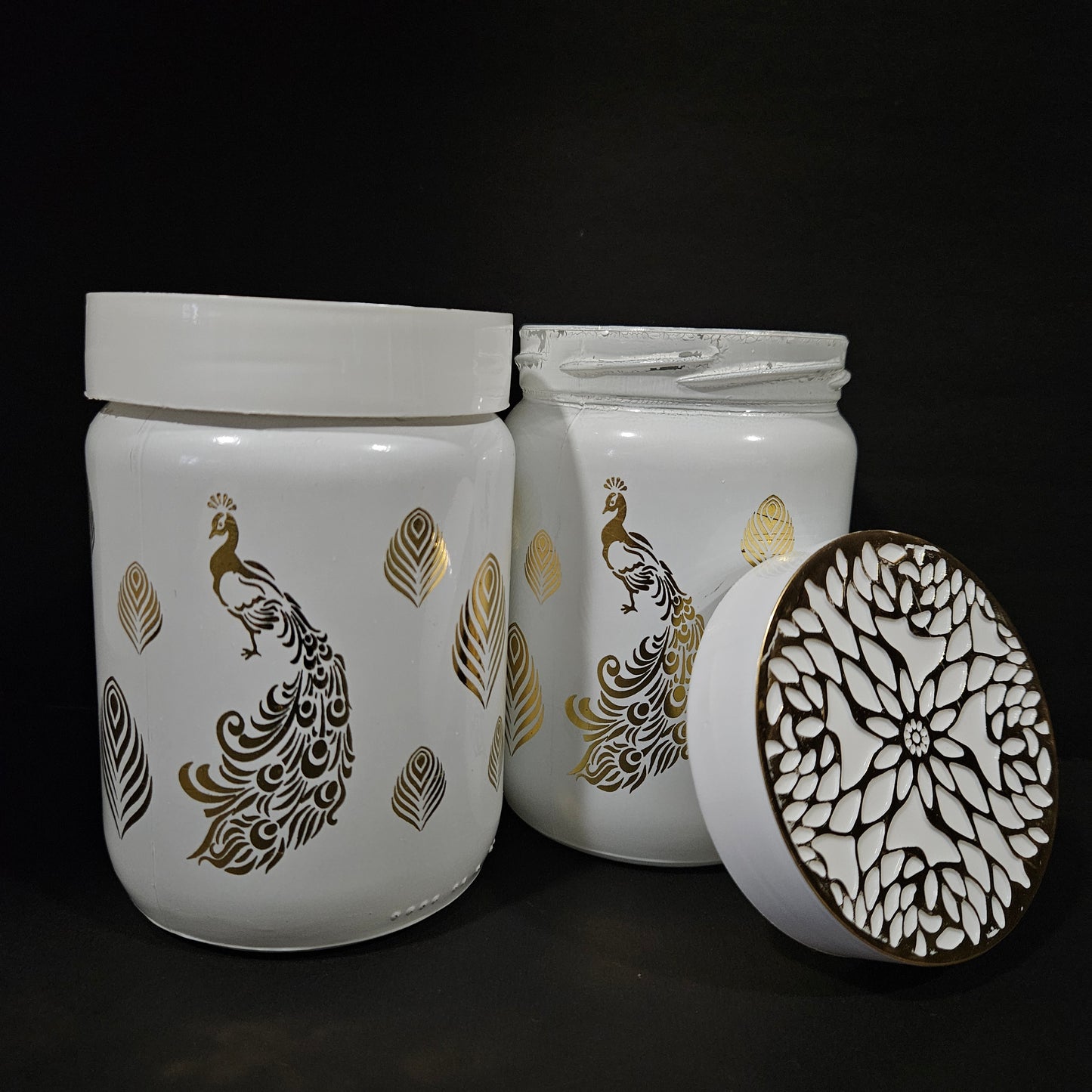 Golden Dream 2 piece jar ser with attractive peacock & feathers designer on it groceries storage containers