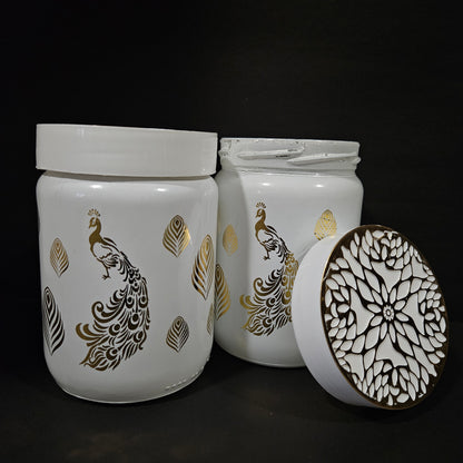 Golden Dream 2 piece jar ser with attractive peacock & feathers designer on it groceries storage containers