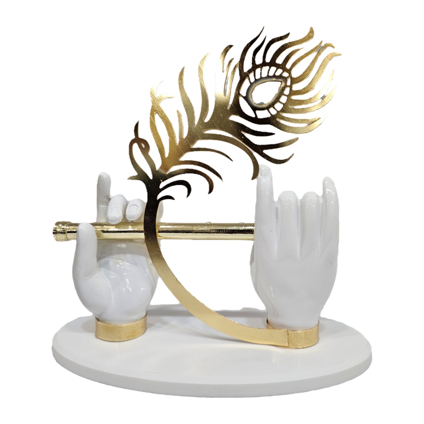 Lord Krishna hand idol features white resin hands holding a flute and a prominent peacock feather Showpiece