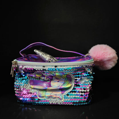 Unicorn Themed Makeup Pouch with Chenille Varsity Letter Patch, Skin Care Travel Bag Organizer for Girls, Make Up Skincare Cosmetic Zipper Stuff Bags for Women