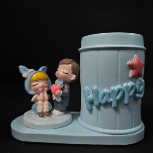 Happy Pen Stand with couples holding heart Valentine Gift for Girlfriend Boyfriend Wife Husband-Romantic Couple Miniature Statue Decorative Showpiece