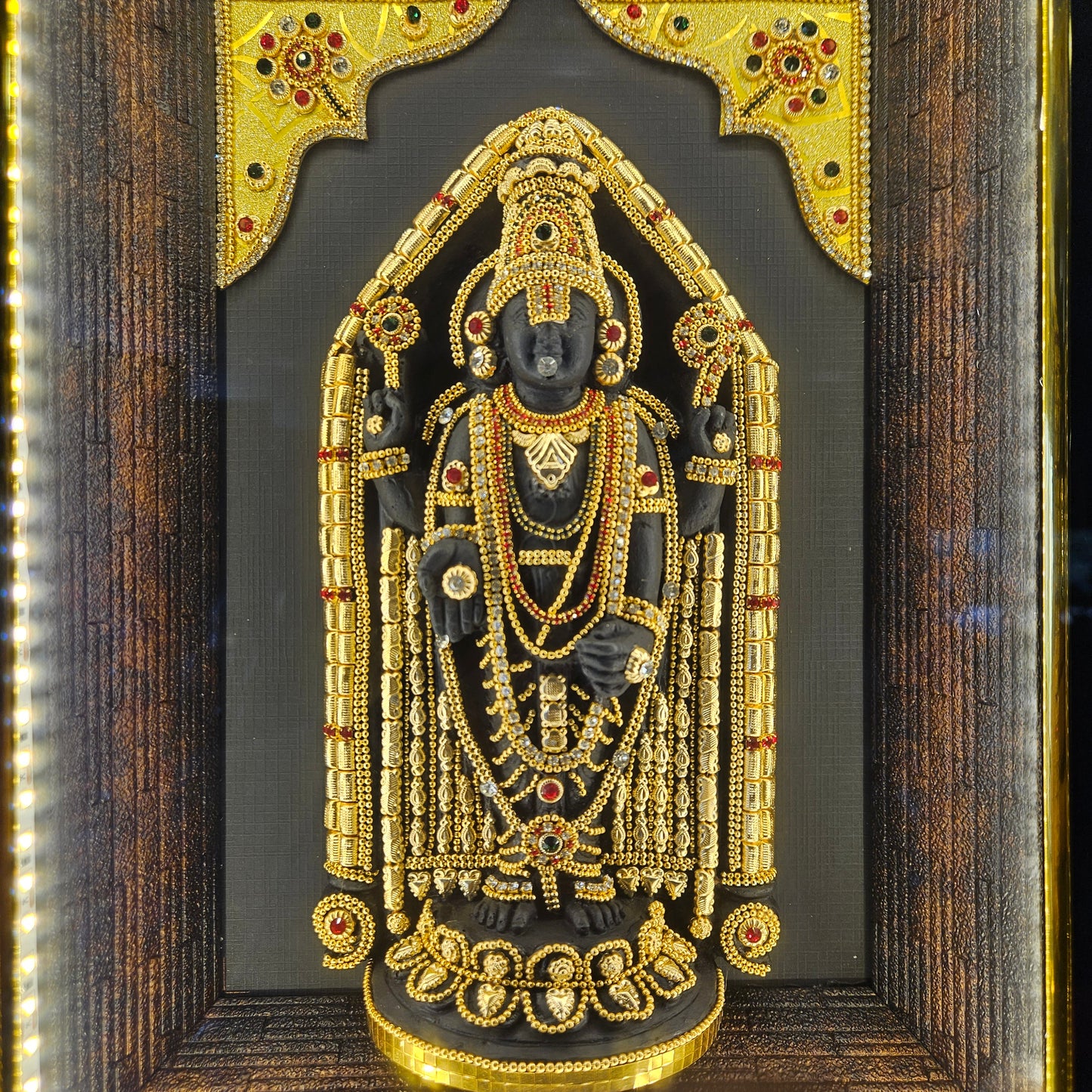 Lord Balaji decorated with stones lighting photo frame in a wooden Box