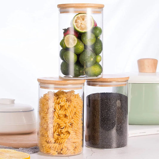 Glass Food Storage Containers Set of 3 ,Airtight Food Jars with Bamboo Wooden Lids, Kitchen Canisters for Sugar,Candy, Cookie, Rice and Spice kitchen storage, Round -320ml -3pcs
